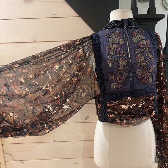 071 Free People Camille Embellished Beaded Foil Statement Top Blouse - Picture 14 of 14